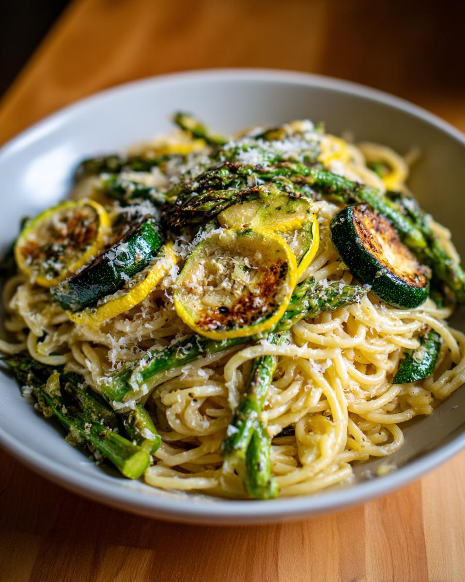 Amazing Asparagus Zucchini Pasta Salad: 1 Delicious Bite 5 Close-up of a bowl of asparagus and zucchini pasta salad, garnished with cheese.