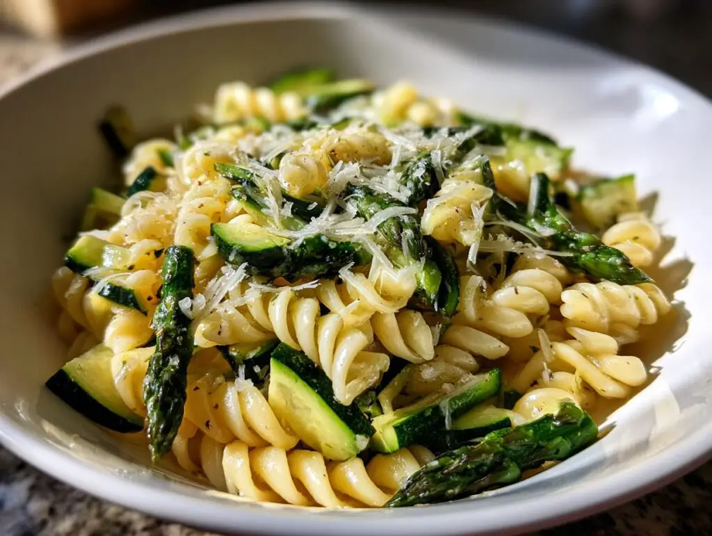 Close-up of a bowl of asparagus and zucchini pasta salad, garnished with cheese.