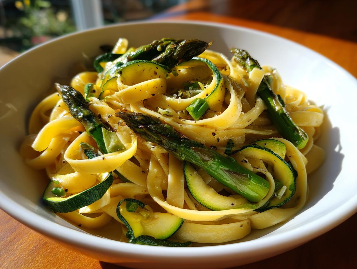 Amazing Asparagus and Zucchini Pasta Salad 1 Close-up of a bowl of asparagus and zucchini pasta salad.