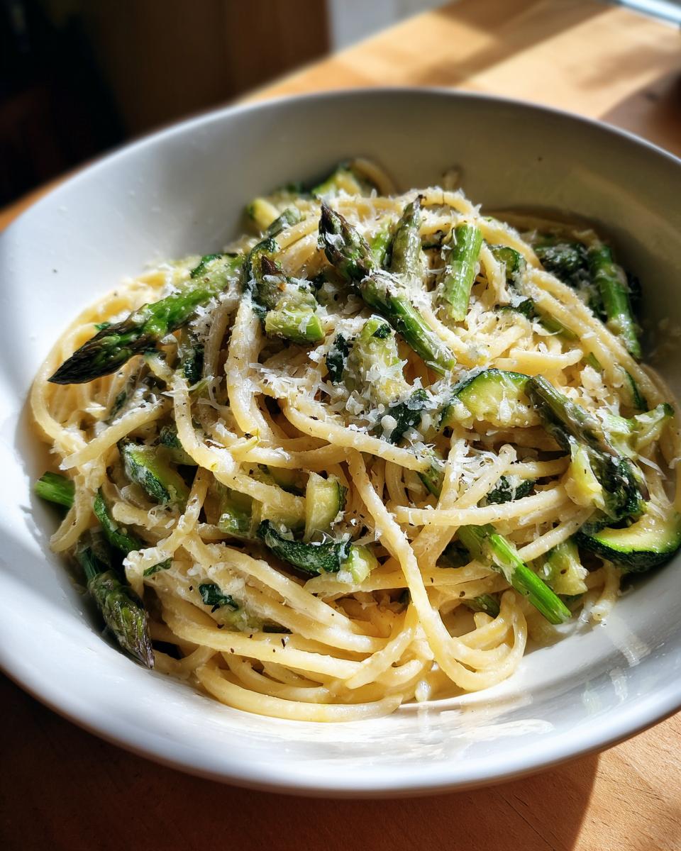 Close-up of asparagus and zucchini pasta salad in a white bowl with grated cheese.