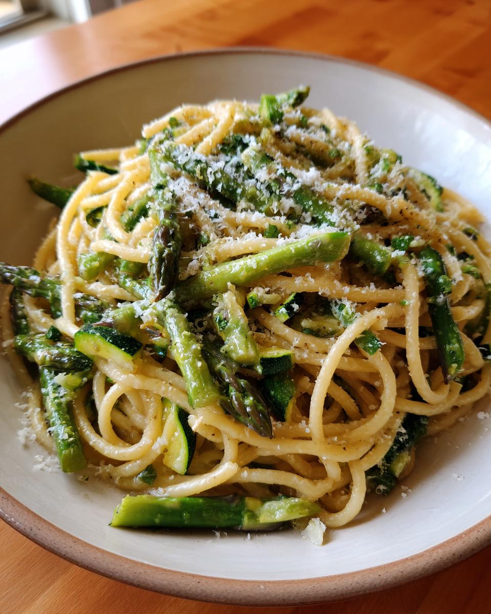 Close-up of a bowl of asparagus and zucchini pasta salad, topped with cheese.