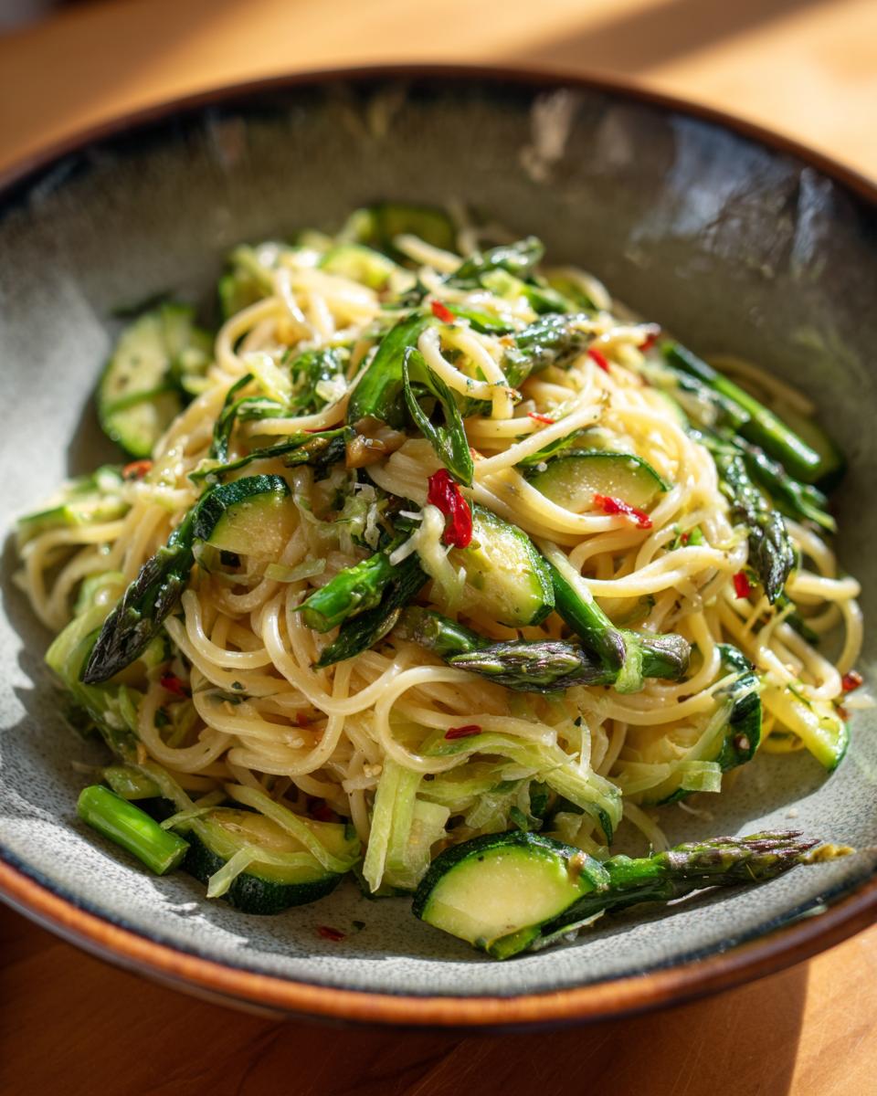 Amazing Asparagus and Zucchini Pasta Salad 5 Close-up of a bowl of asparagus and zucchini pasta salad, a healthy and delicious meal.