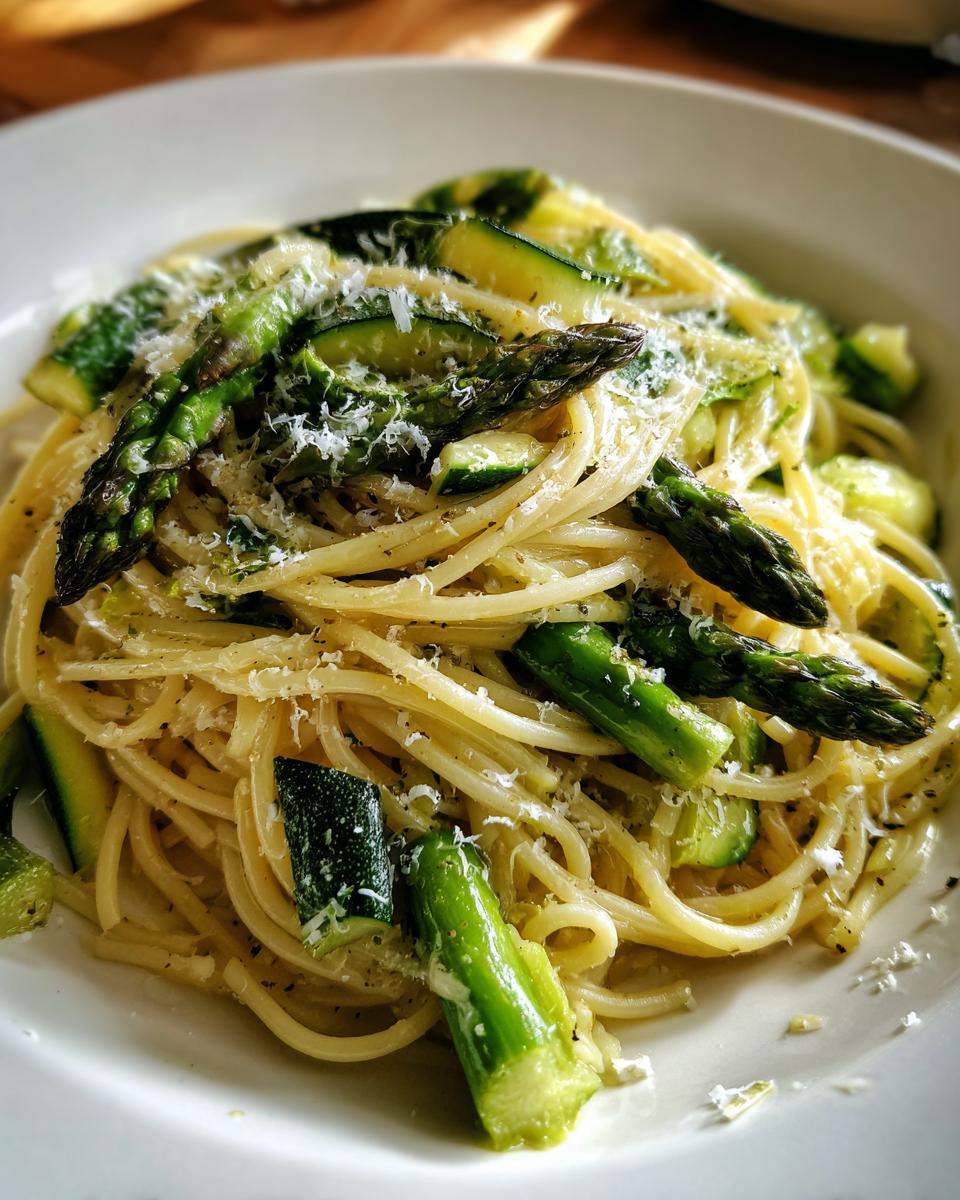 Close-up of asparagus and zucchini pasta salad in a white bowl. The image features the asparagus and zucchini pasta salad.