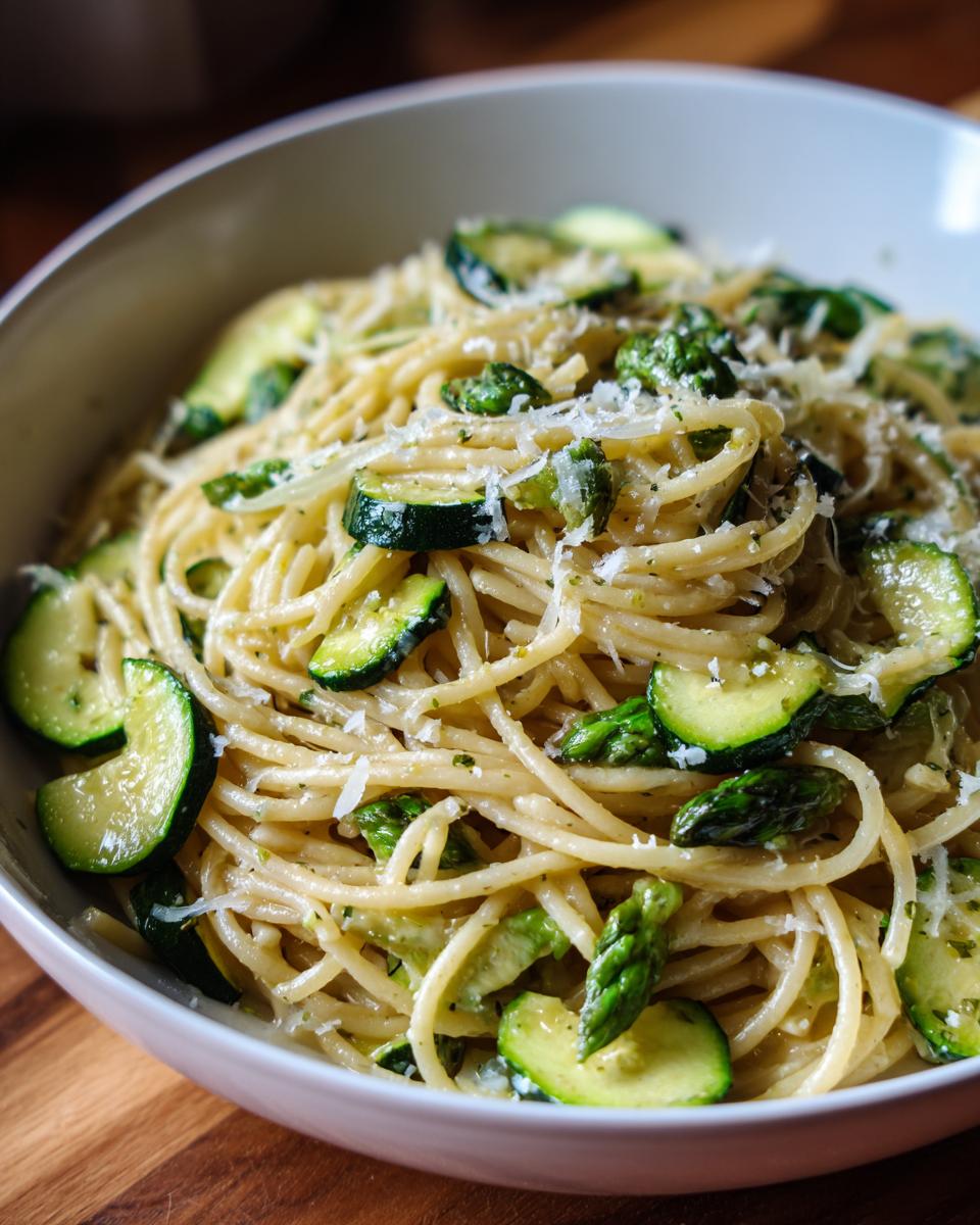 Close-up of asparagus and zucchini pasta salad in a white bowl, garnished with cheese.