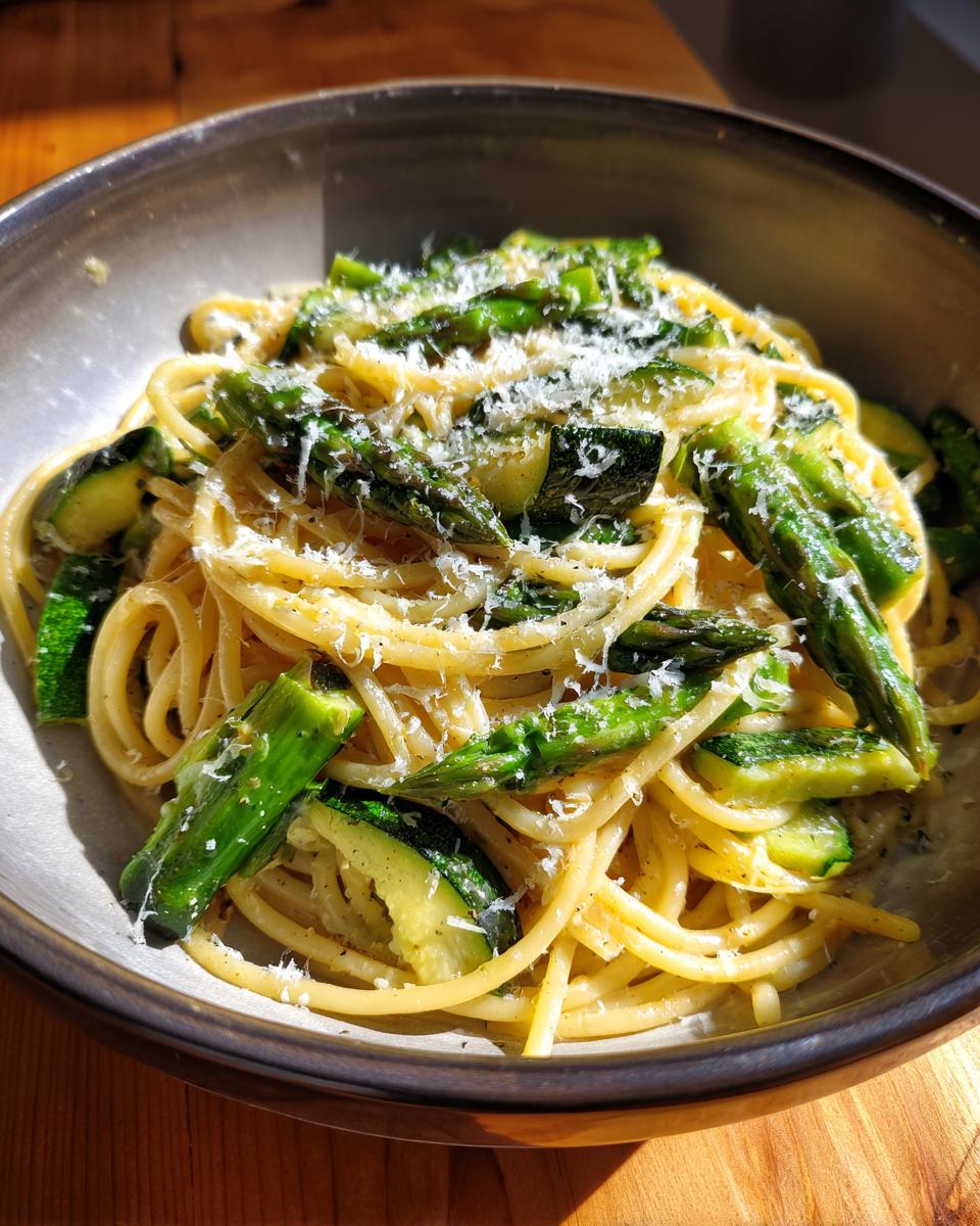 A bowl of asparagus and zucchini pasta salad, topped with grated cheese, a delicious and healthy meal.