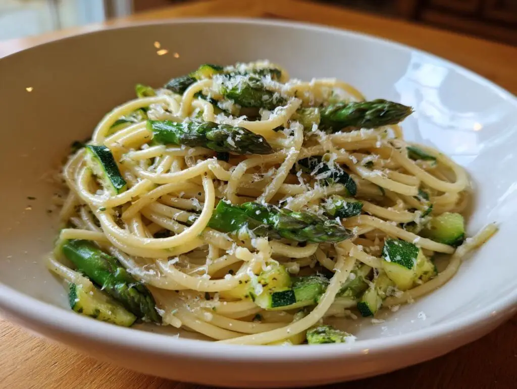 Close-up of asparagus and zucchini pasta salad in a white bowl, garnished with cheese.
