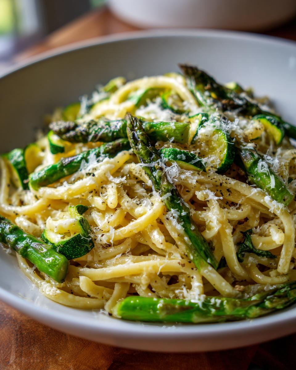 Close-up of asparagus and zucchini pasta salad in a white bowl, garnished with cheese.