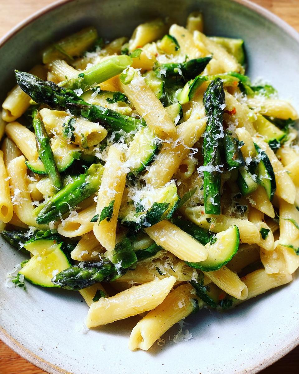 Close-up of asparagus and zucchini pasta salad in a bowl, with penne pasta, fresh vegetables, and cheese.
