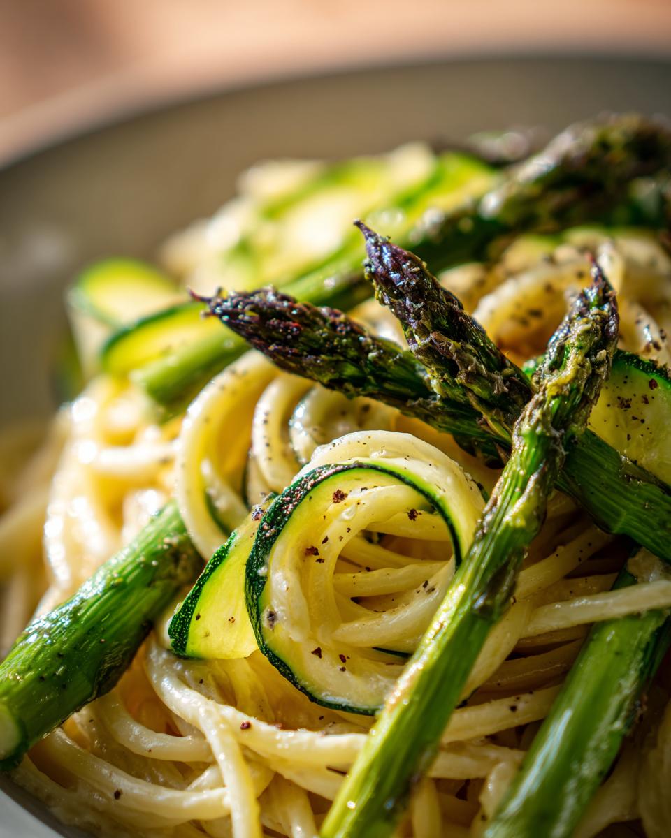 Amazing Asparagus and Zucchini Pasta Salad 2 Close-up of asparagus and zucchini pasta salad with fresh ingredients.
