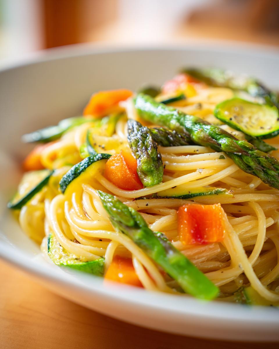 Amazing Asparagus and Zucchini Pasta Salad 4 Close-up of asparagus and zucchini pasta salad in a white bowl.