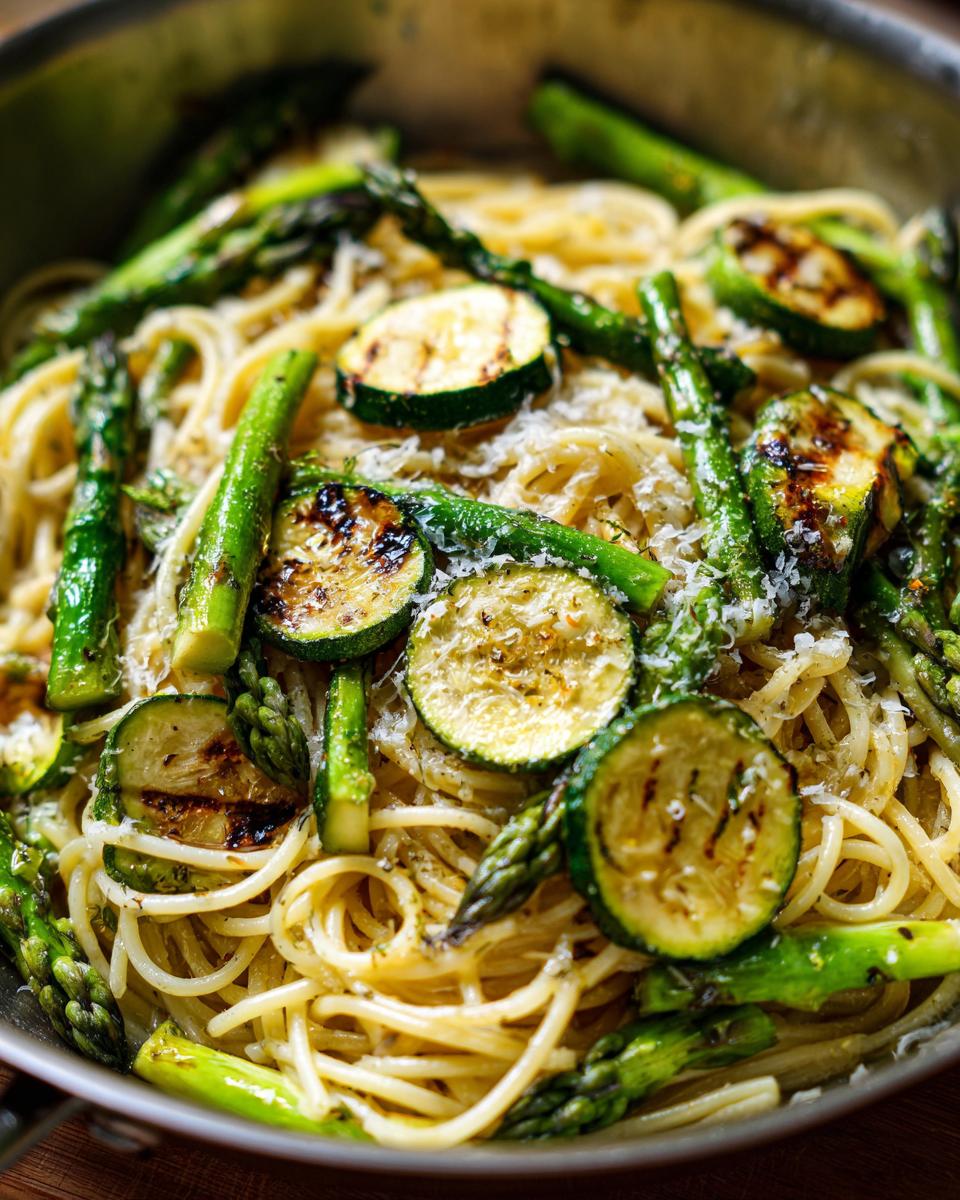 Amazing Asparagus Zucchini Pasta Salad: 1 Delicious Bite 4 Close-up of asparagus and zucchini pasta salad with parmesan cheese.