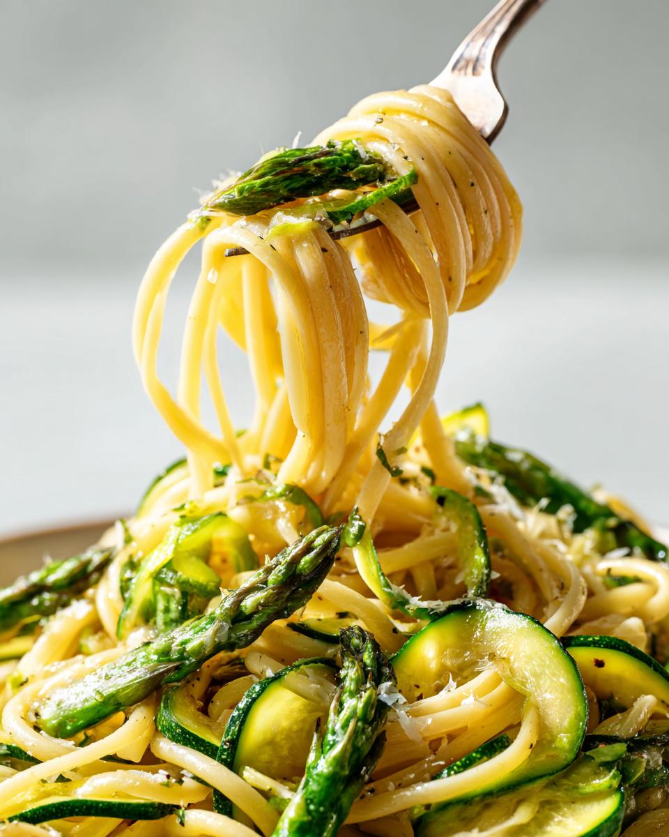 Amazing Asparagus and Zucchini Pasta Salad 3 Close-up of asparagus and zucchini pasta salad on a fork, showing the fresh ingredients.