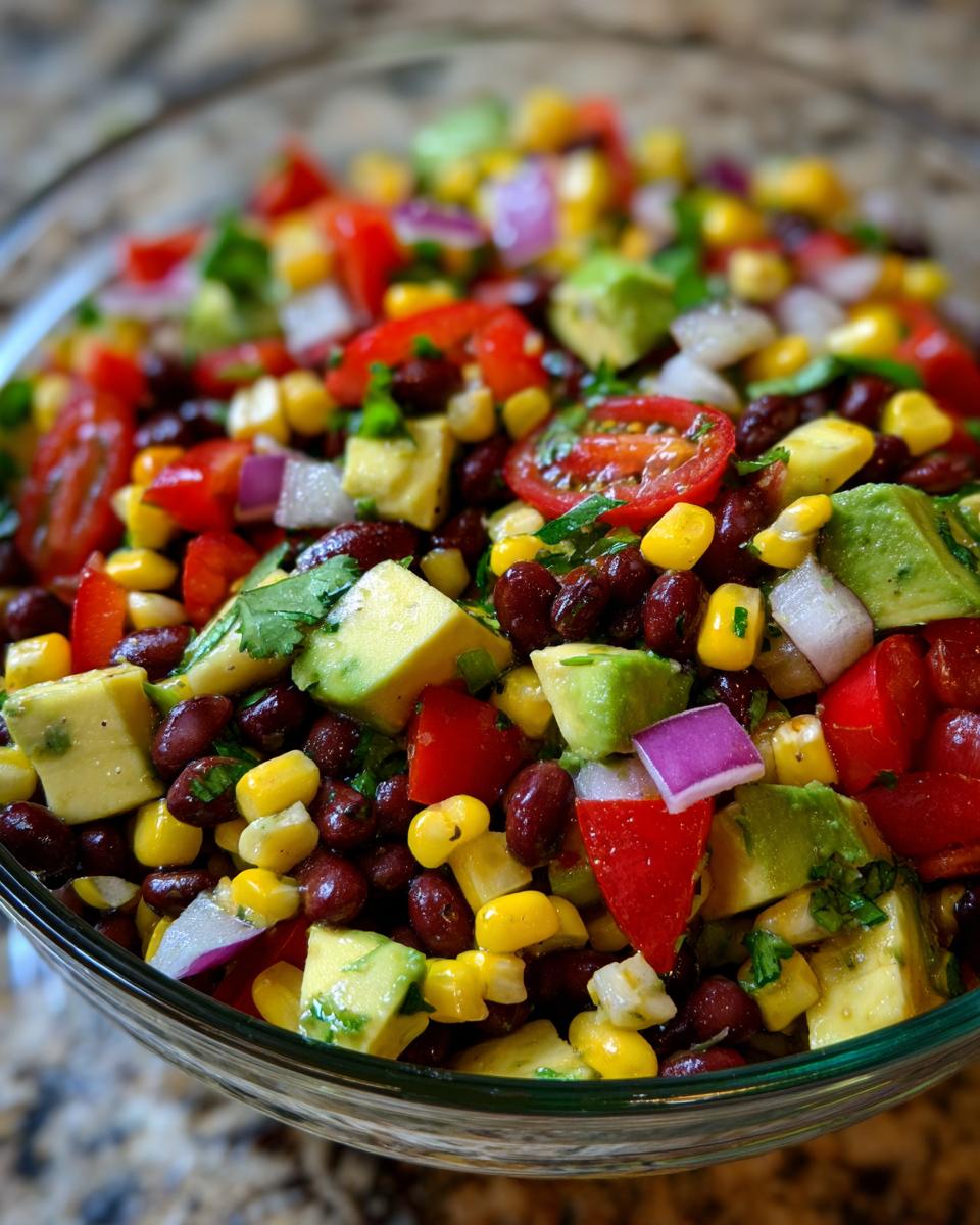 Close-up of a vibrant Avocado Corn Black Bean Salad in a clear glass bowl, showcasing fresh ingredients.
