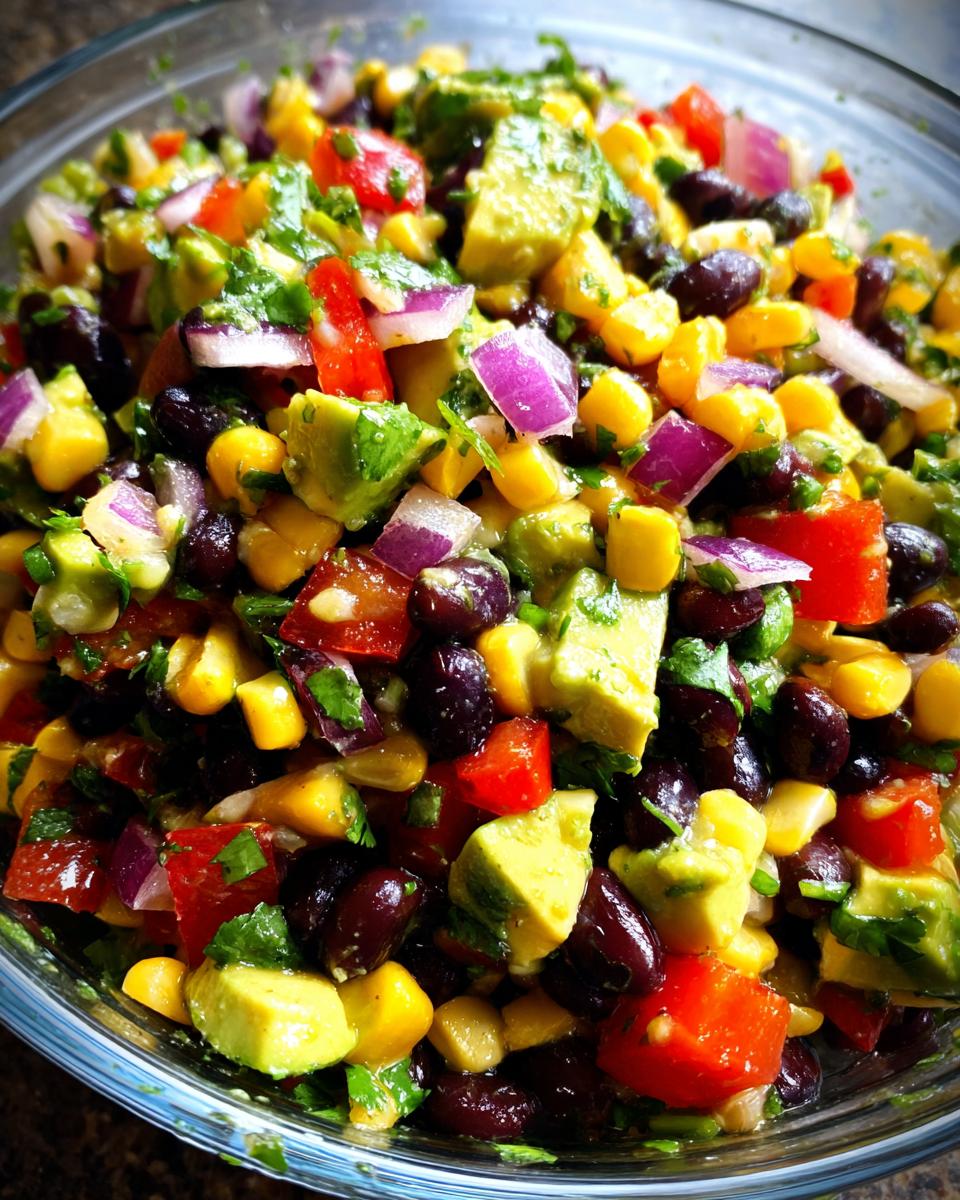 Close-up of a vibrant Avocado Corn Black Bean Salad in a glass bowl, showcasing fresh ingredients.