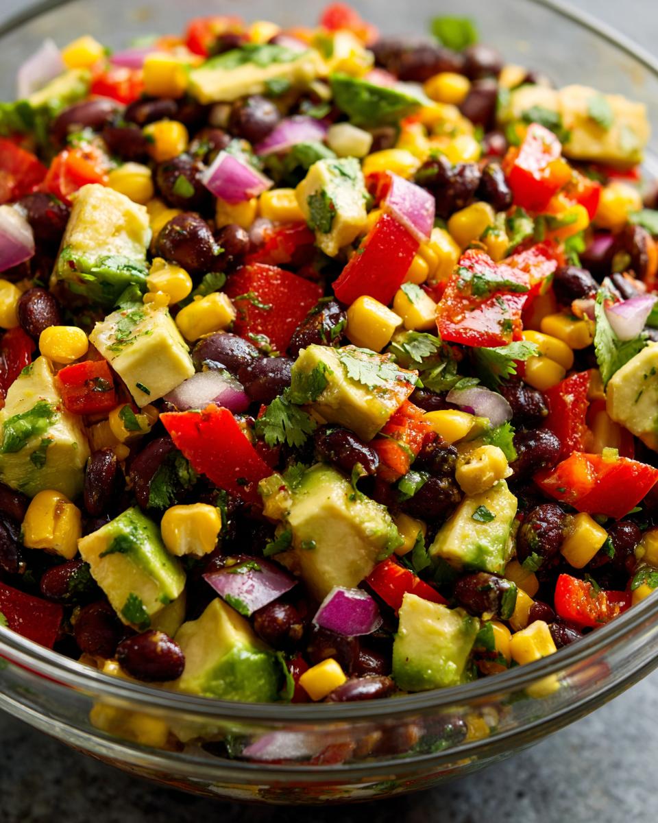 Close-up of a vibrant Avocado Corn Black Bean Salad with avocado, corn, black beans, and red pepper.