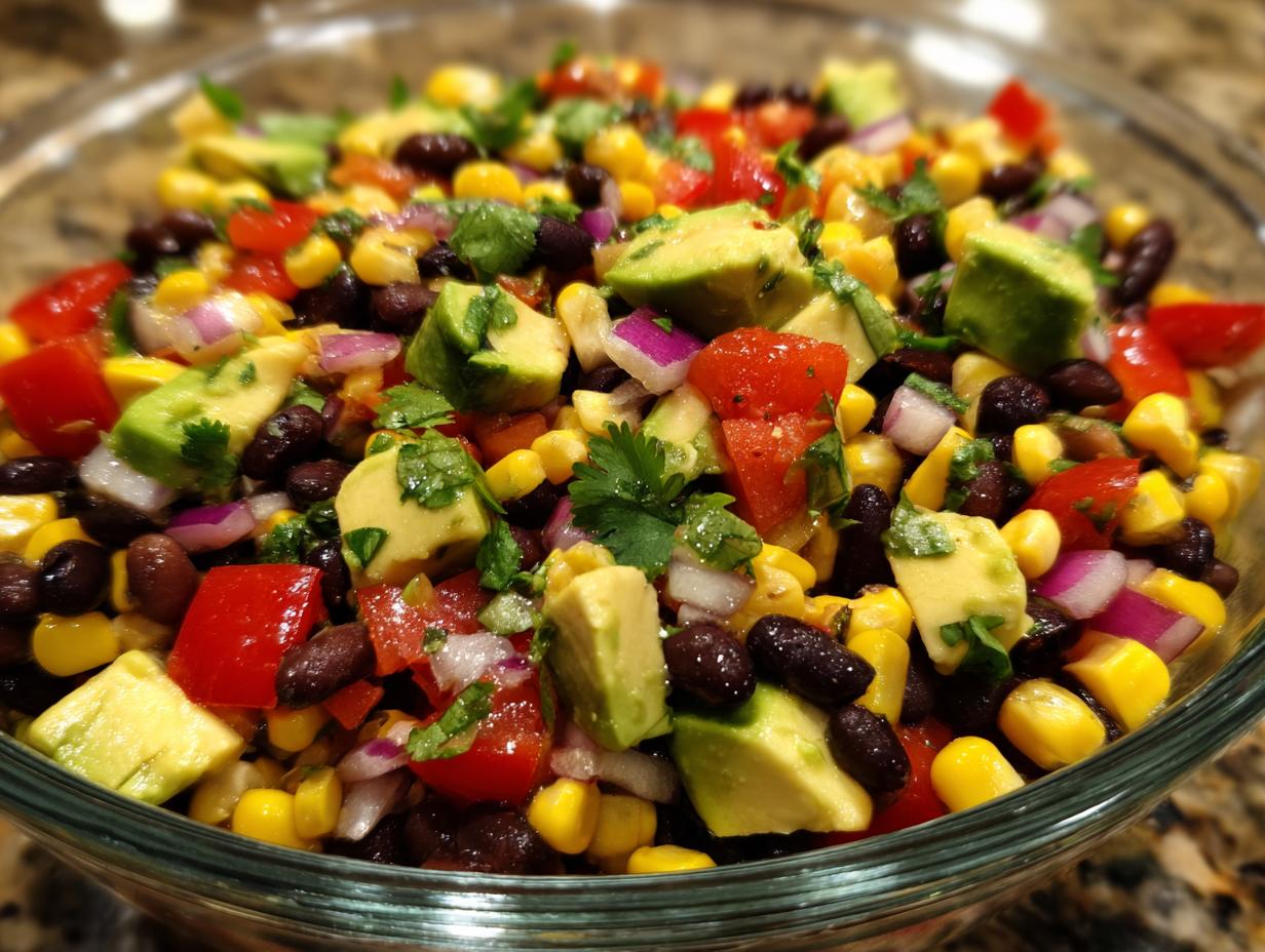Close-up of a vibrant Avocado Corn Black Bean Salad in a glass bowl, showcasing fresh ingredients.