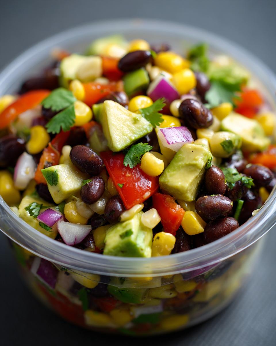 Close-up of a vibrant Avocado Corn Black Bean Salad in a clear container, showcasing fresh ingredients.