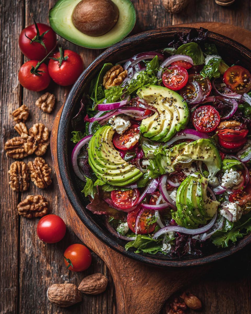 Overhead shot of a vibrant 29 Epic Salad Recipes with avocado, tomatoes, red onion, and walnuts in a wooden bowl.