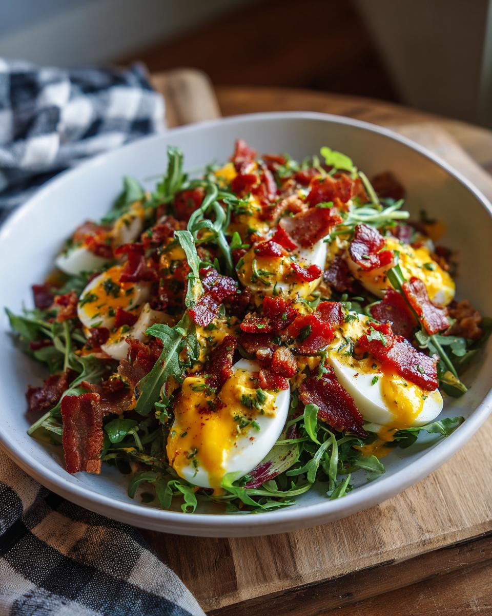 Delicious salad with arugula, bacon, and eggs. A perfect recipe for 29 Epic Salad Recipes.