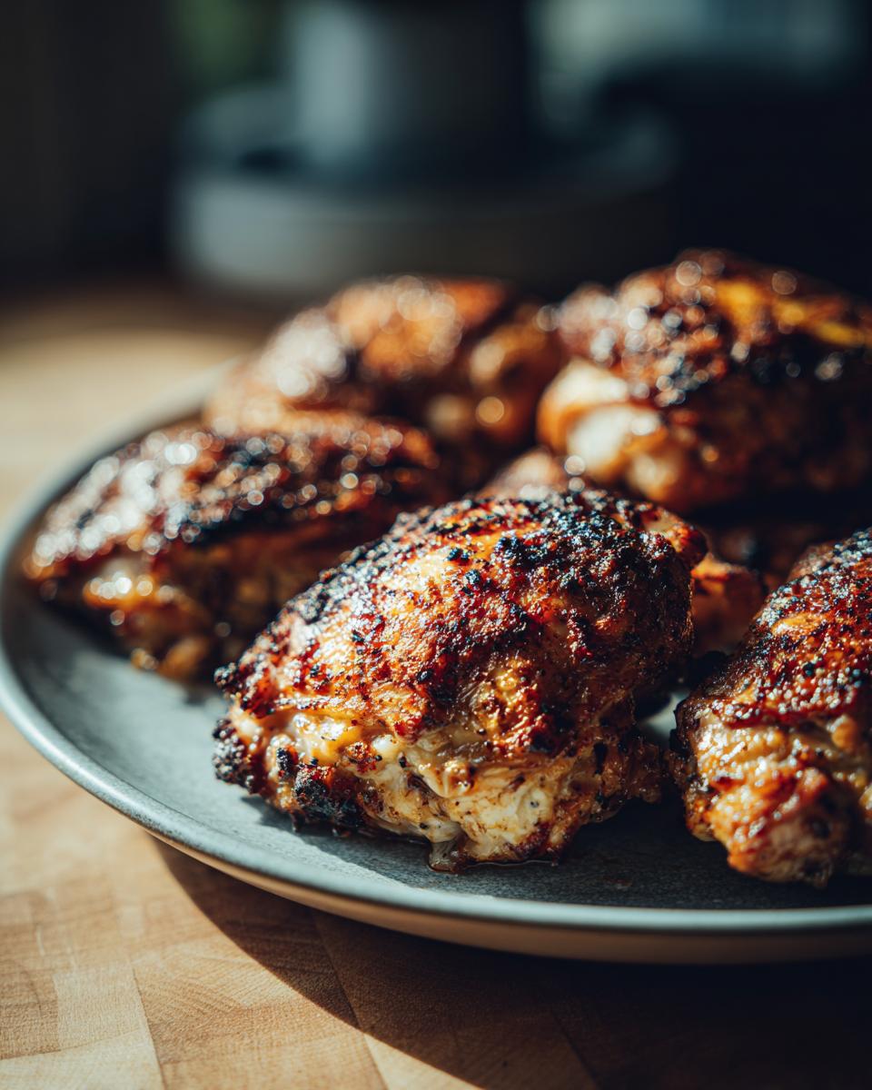 Close-up of golden brown Baked Lemon Chicken Thighs on a plate, ready to serve.