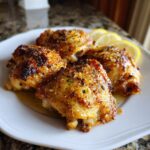 Close-up of golden brown Baked Lemon Chicken Thighs served on a white plate with lemon slices.