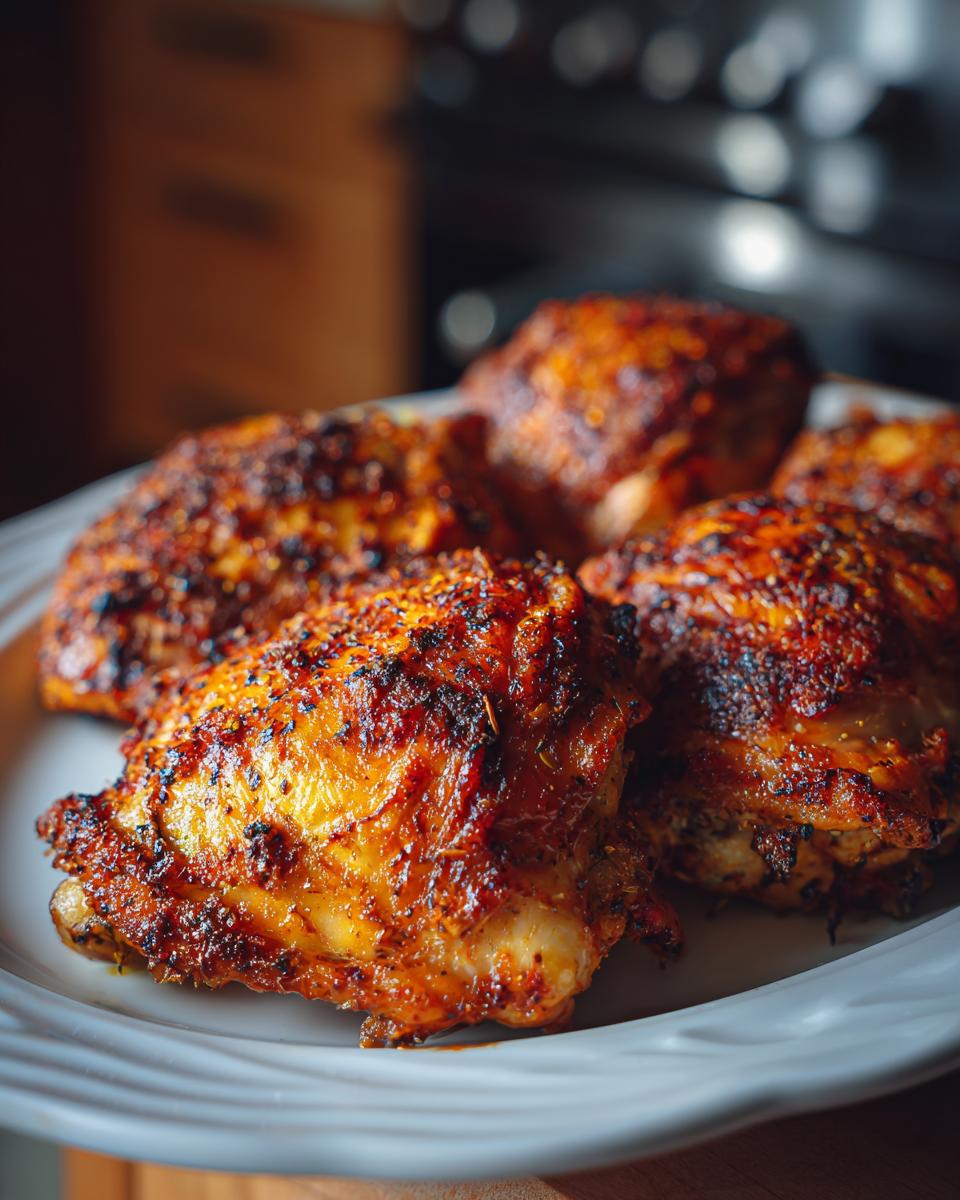 Close-up of golden brown baked lemon chicken thighs on a white plate, ready to serve.