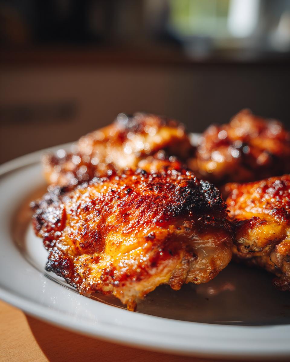 Close-up of golden brown Baked Lemon Chicken Thighs on a white plate, ready to eat.