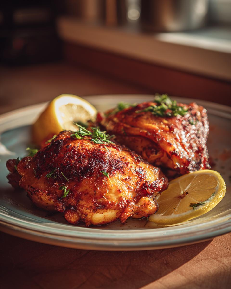 Close-up of Baked Lemon Chicken Thighs on a plate with lemon slices and herbs.