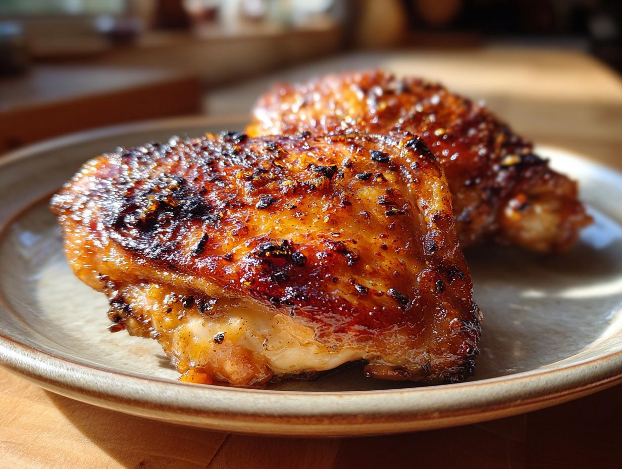 Close-up of golden baked lemon chicken thighs on a plate, showcasing crispy skin and juicy meat. Featuring the recipe for Baked Lemon Chicken Thighs.