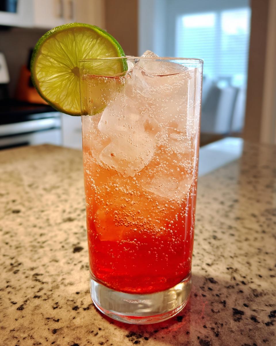 A tall glass of a Bay Breeze Cocktail, garnished with a lime slice, filled with ice.