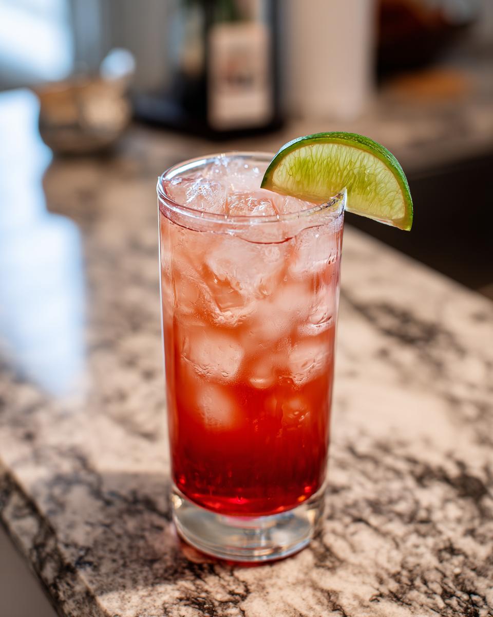 A chilled Bay Breeze Cocktail in a tall glass, garnished with a lime wedge.
