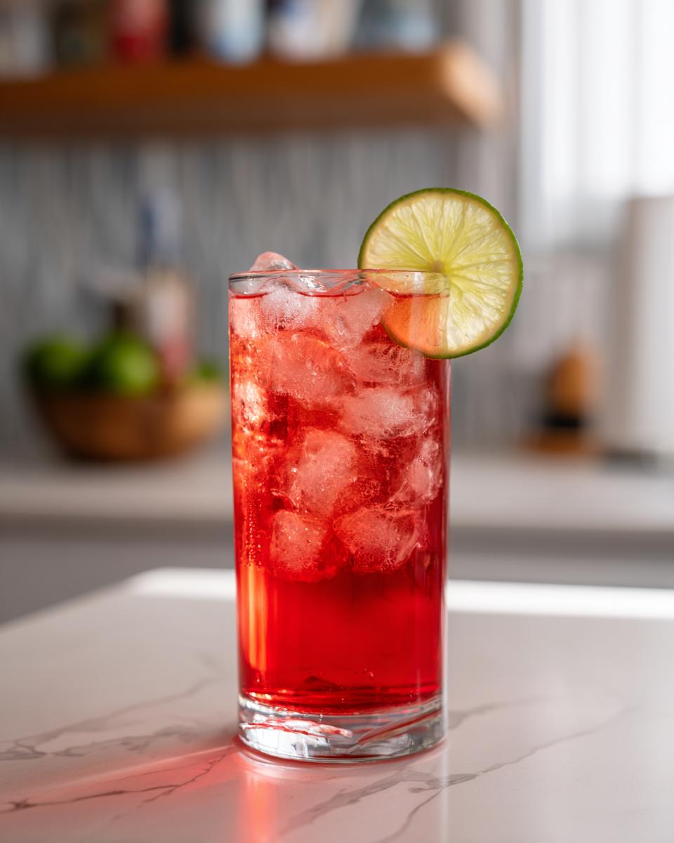 Close-up of a vibrant Bay Breeze Cocktail in a tall glass, garnished with a lime slice.