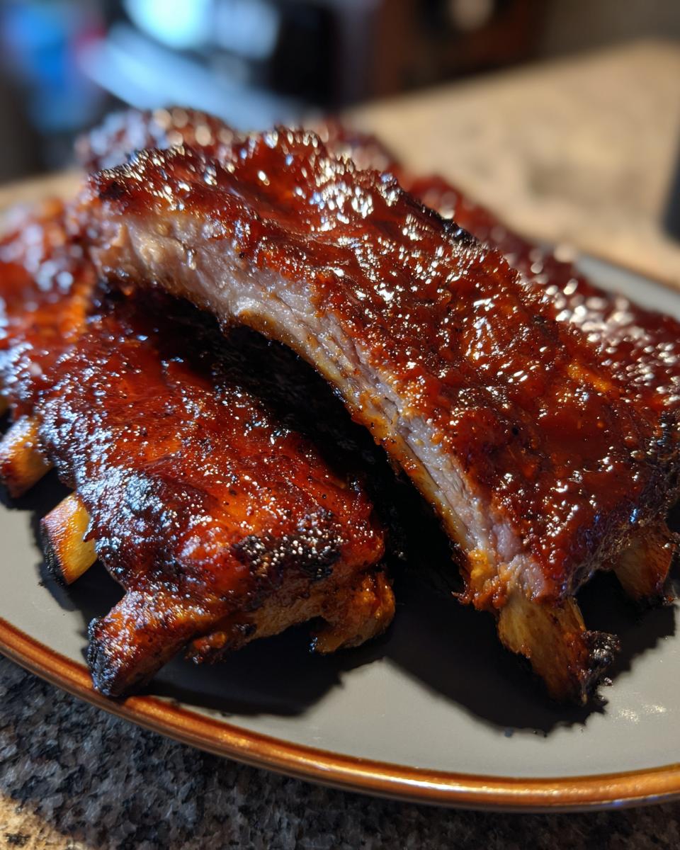 Close-up of BBQ ribs with homemade sauce, showing the tender meat and glistening glaze. Perfect BBQ Ribs!