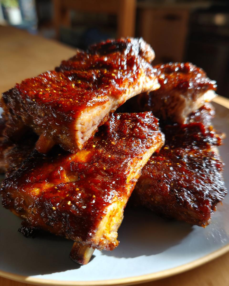 Close-up of delicious BBQ ribs with homemade sauce, showing the tender meat and glossy glaze.