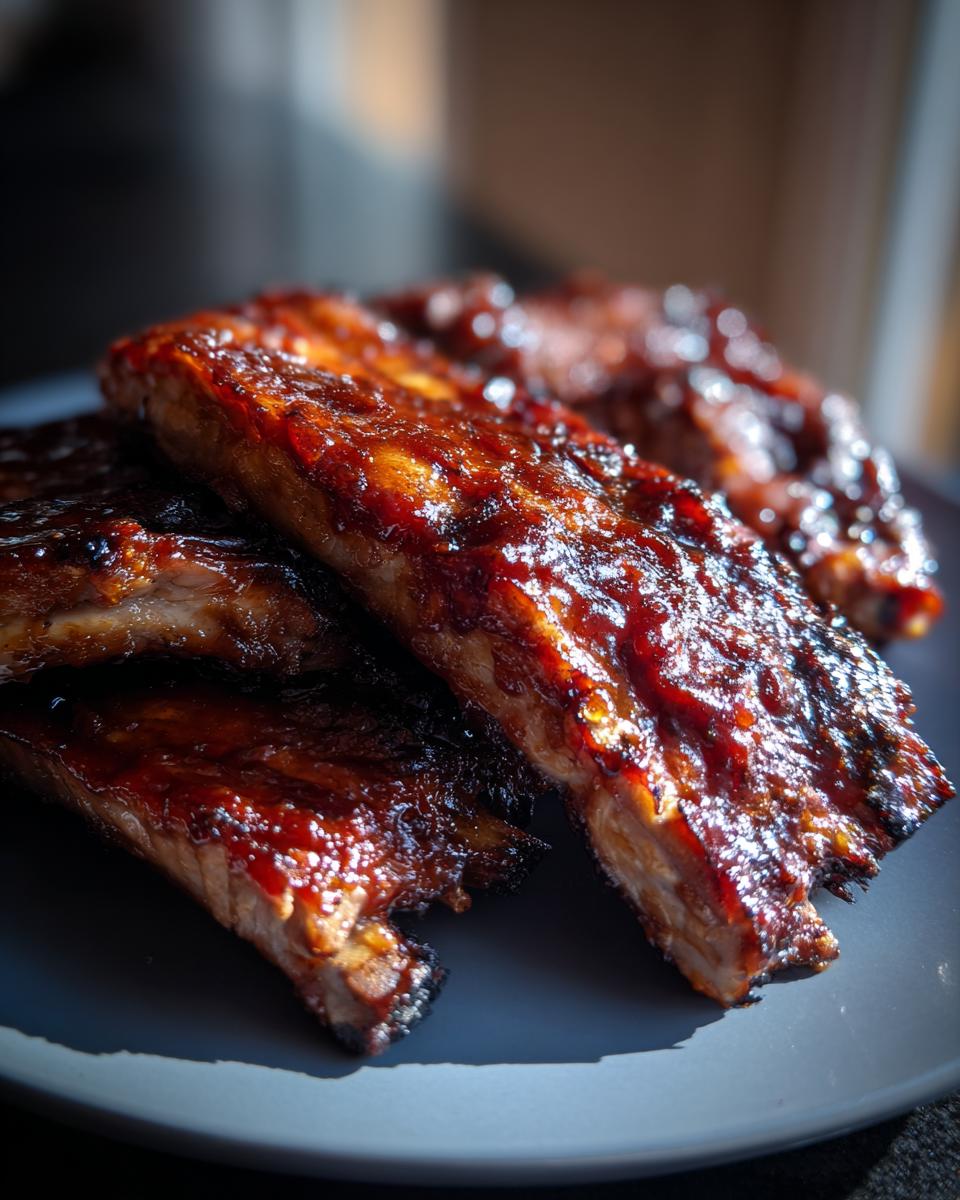 Close-up of delicious BBQ ribs with homemade sauce, glistening on a plate.