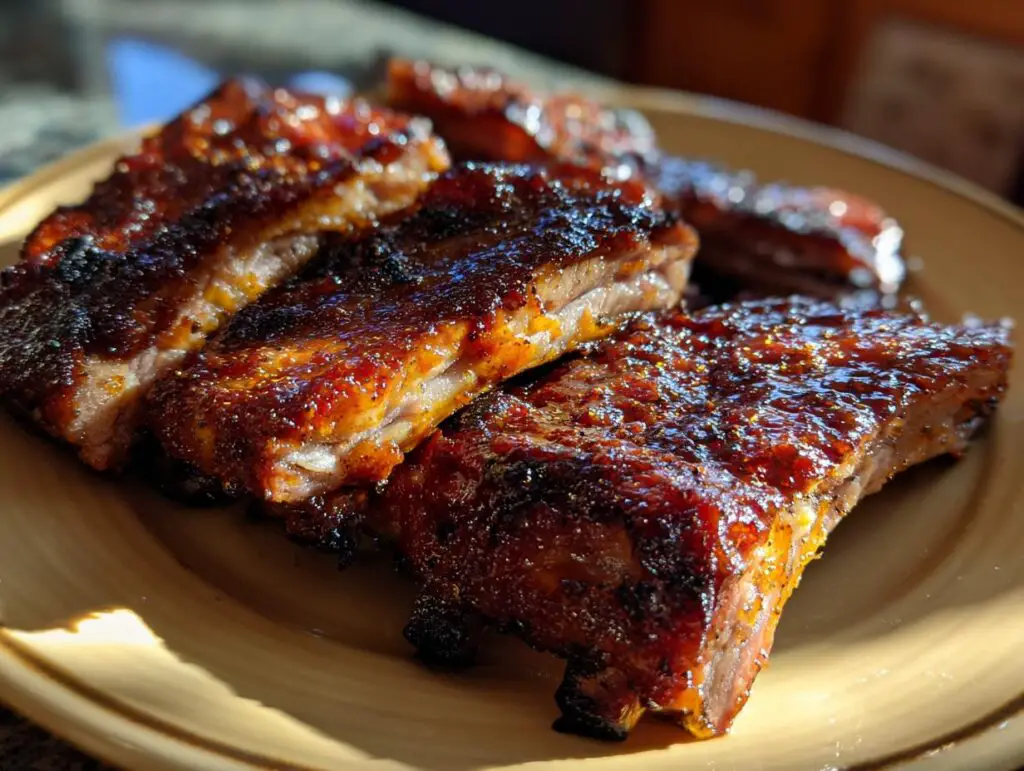 Close-up of delicious BBQ ribs with homemade sauce, glistening and served on a plate. The perfect BBQ Ribs.