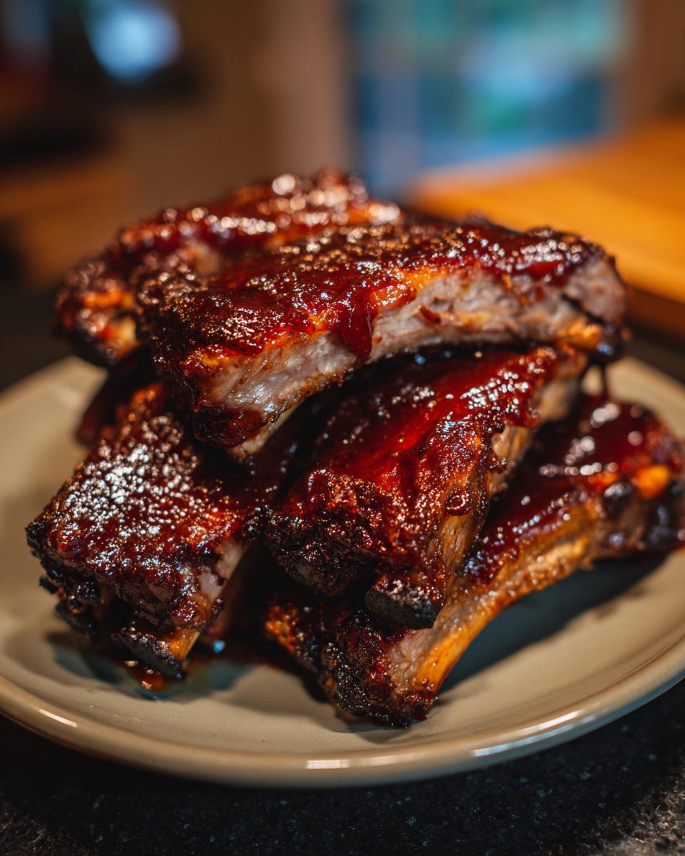 Close-up of a stack of BBQ ribs with homemade sauce, showing the tender meat and glossy glaze.
