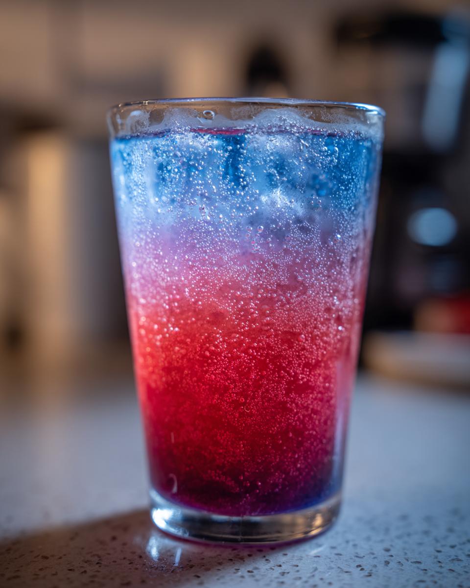 Close-up of a layered beach cocktail recipe in a glass, with red and blue colors and bubbles.