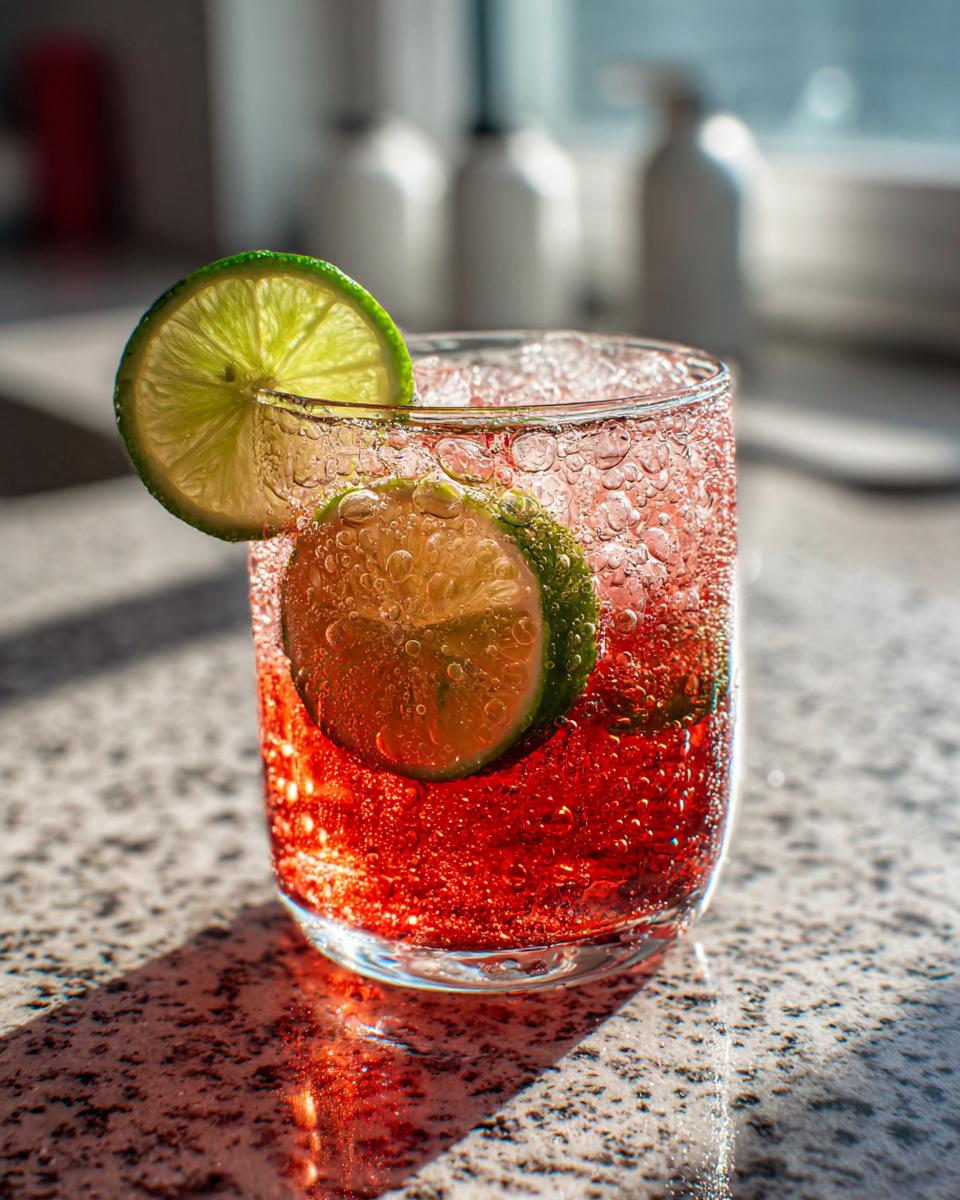 Close-up of a vibrant Beach Cocktail Recipe with lime slices, bubbly, and a red hue.