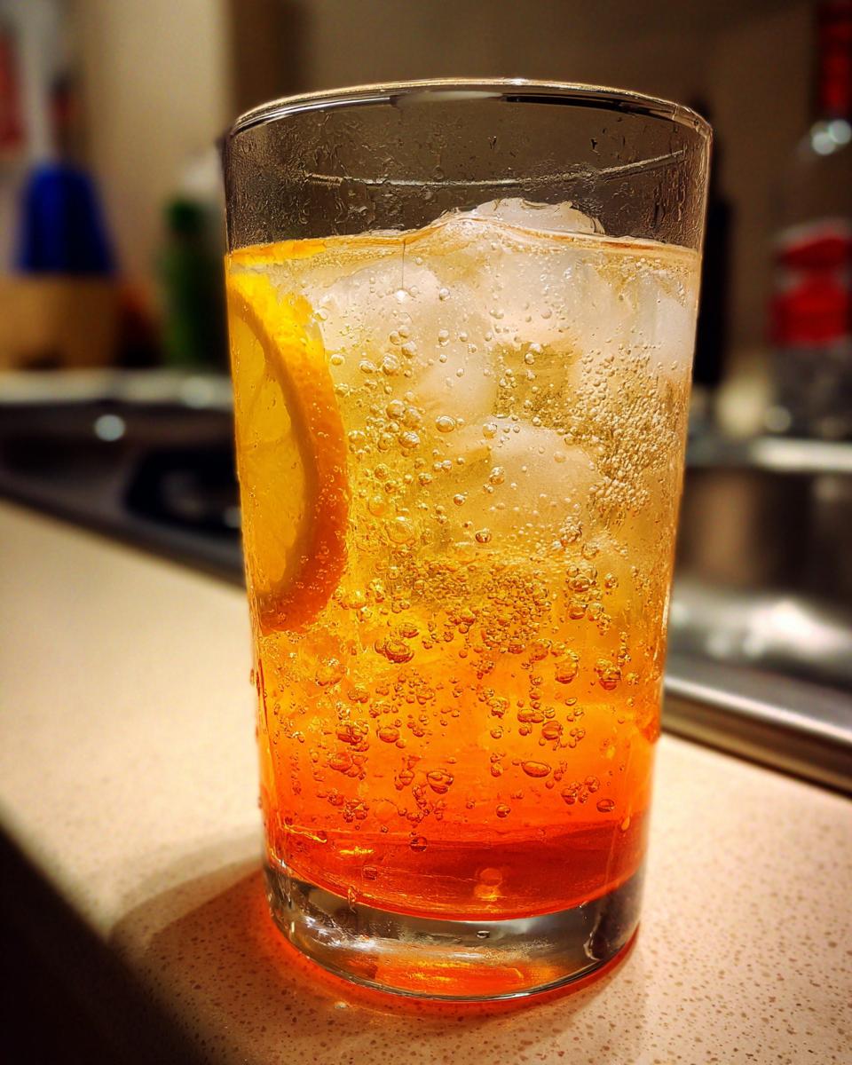 Close-up of a beach cocktail with ice and an orange slice. A refreshing drink.
