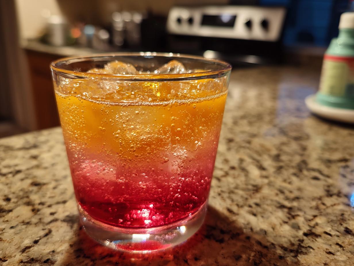 Close-up of a layered Beach Cocktail Recipe in a glass with ice, showing vibrant colors.