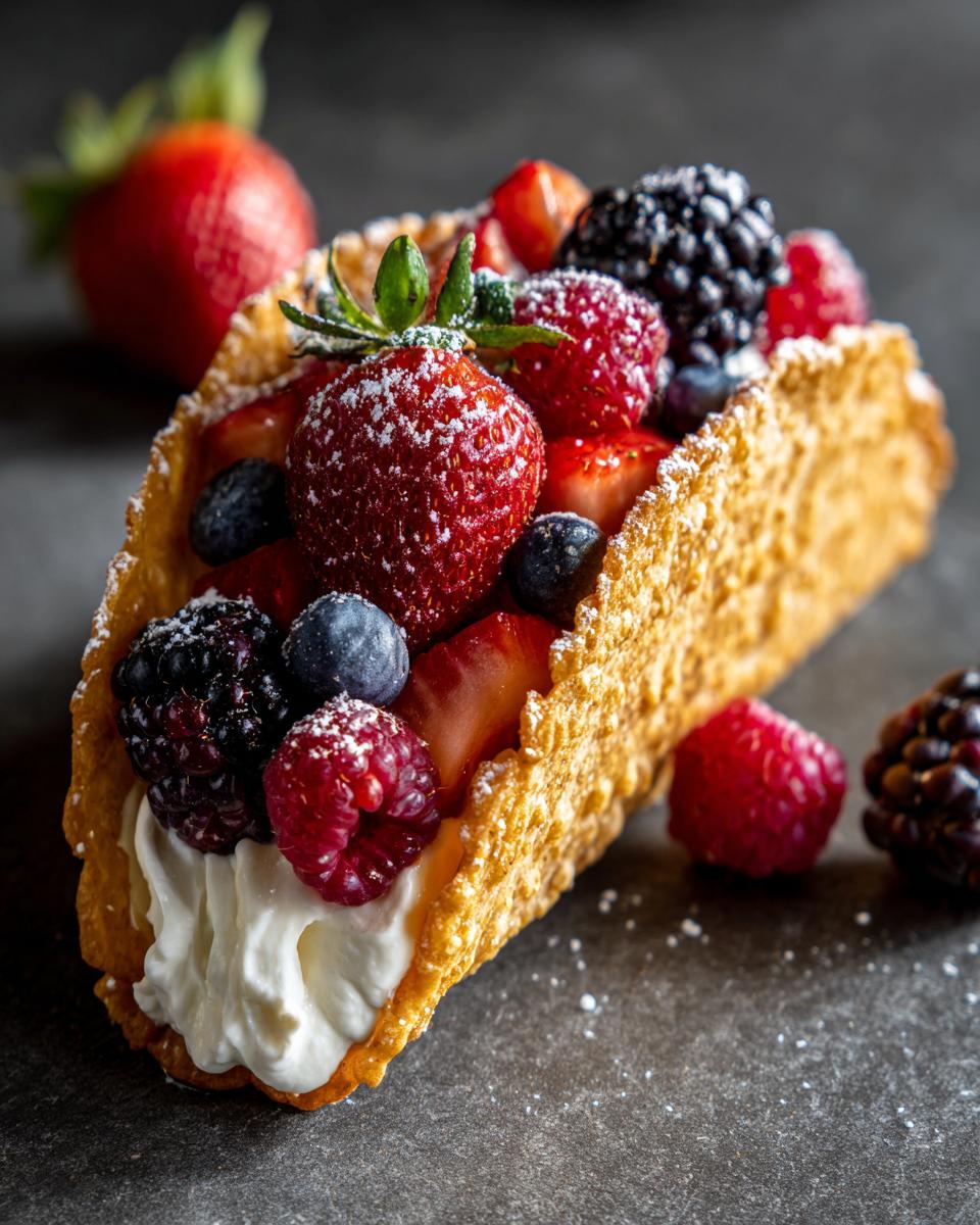 Berrylicious Cheesecake Tacos: 1 Amazing Dessert 7 Close-up of a Berrylicious Cheesecake Taco filled with cream and fresh berries.