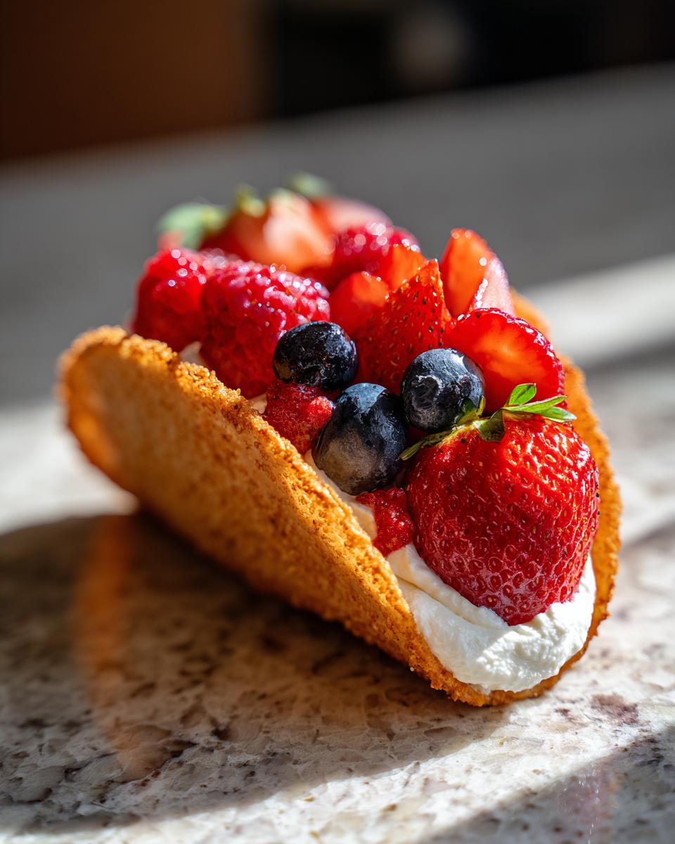 Berrylicious Cheesecake Tacos: 1 Amazing Dessert 8 Close-up of a Berrylicious Cheesecake Taco filled with cream and fresh berries, including strawberries and blueberries.