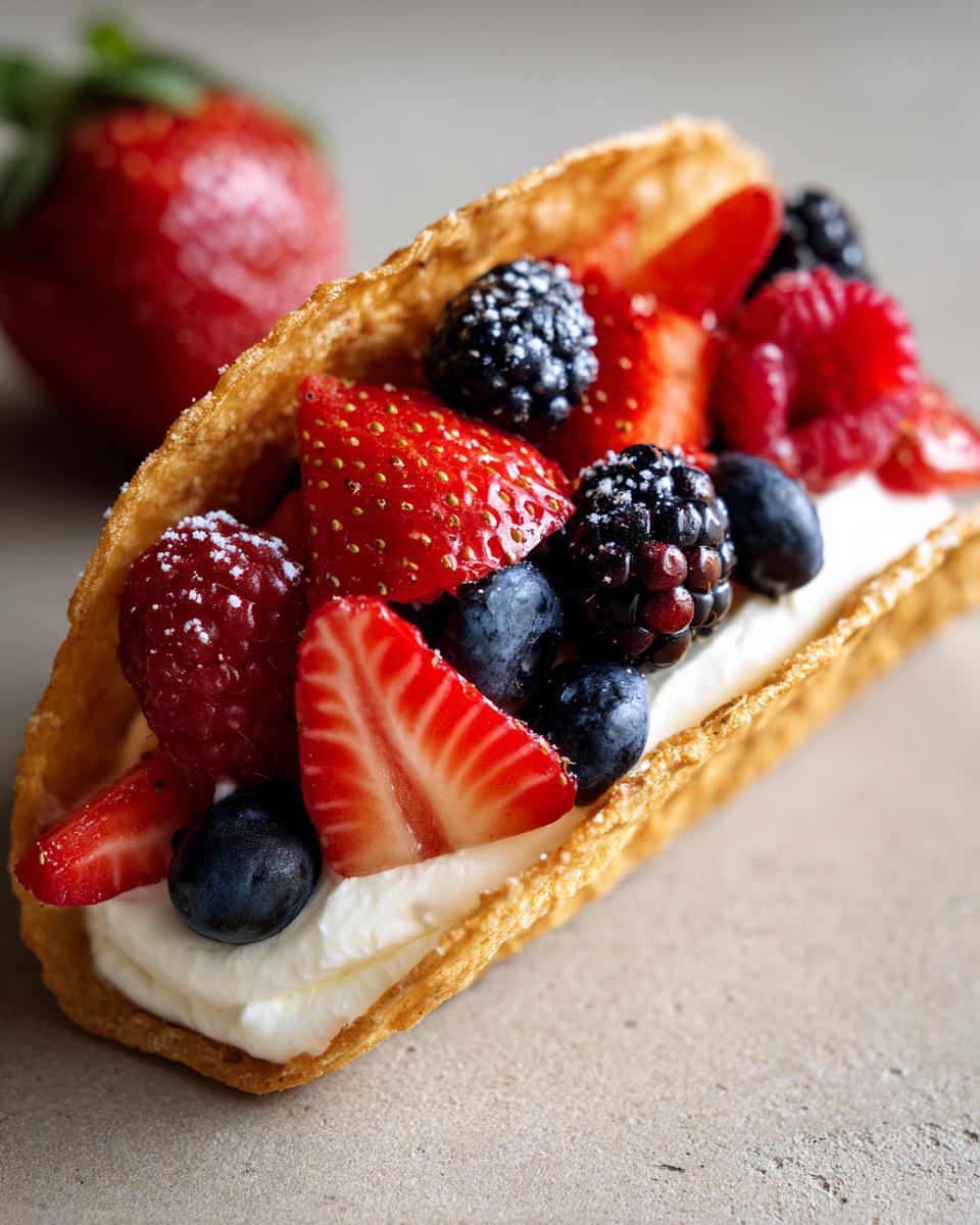 Berrylicious Cheesecake Tacos: 1 Amazing Dessert 9 Close-up of a Berrylicious Cheesecake Taco filled with cream and fresh berries.