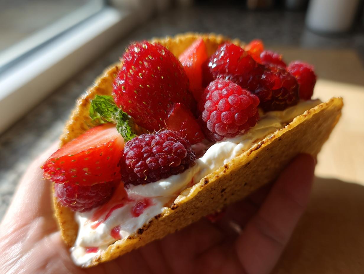 Berrylicious Cheesecake Tacos: 1 Amazing Dessert 6 Close-up of a Berrylicious Cheesecake Taco filled with cream and topped with fresh berries.