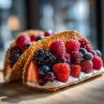 Berrylicious Cheesecake Tacos: 1 Amazing Dessert 11 Close-up of two Berrylicious Cheesecake Tacos filled with fresh berries and cream, on a wooden surface.