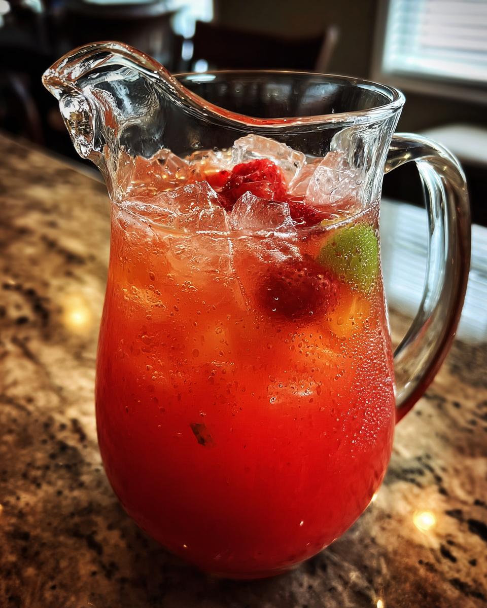 18 Big Batch Cocktails: Summer Party Bliss 2 A pitcher filled with a red big batch cocktail, ice, and fruit, perfect for summer parties.