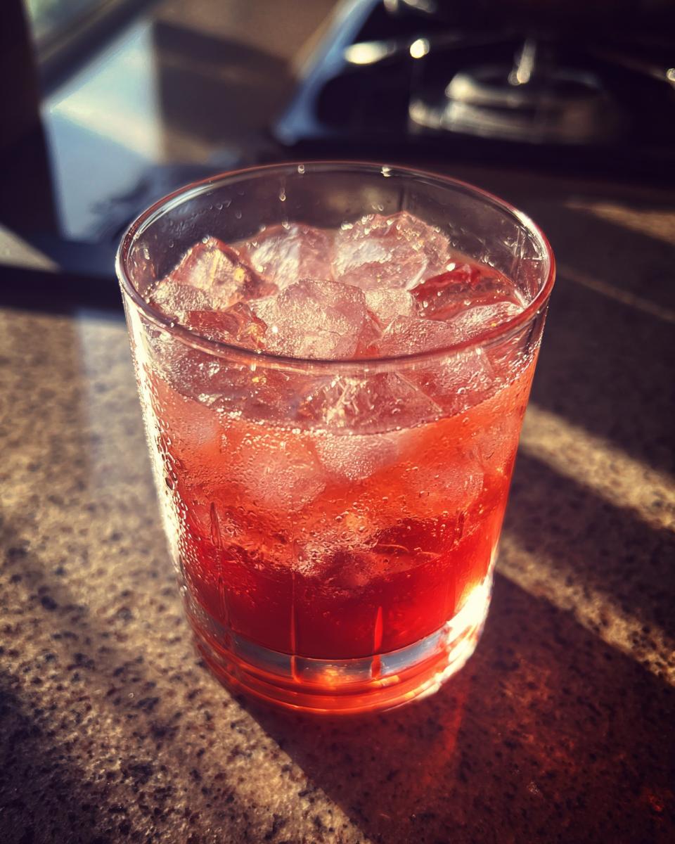 12 Big-Batch Cocktails: Masterful Make-Ahead Drinks 3 Close-up of a red cocktail in a glass filled with ice; part of the 12 Big-Batch Cocktails.