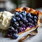 Close-up of a slice of Blueberry Galette with a scoop of vanilla cream, showing the juicy blueberries.