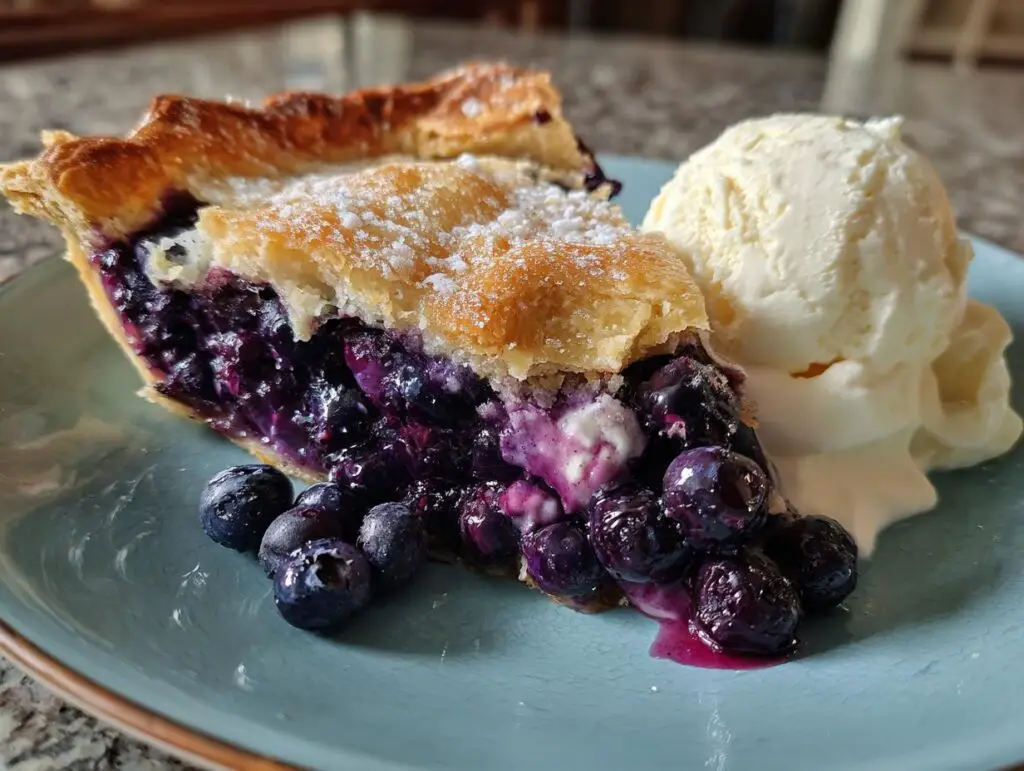 A slice of delicious Blueberry Galette with fresh blueberries and a scoop of vanilla cream.
